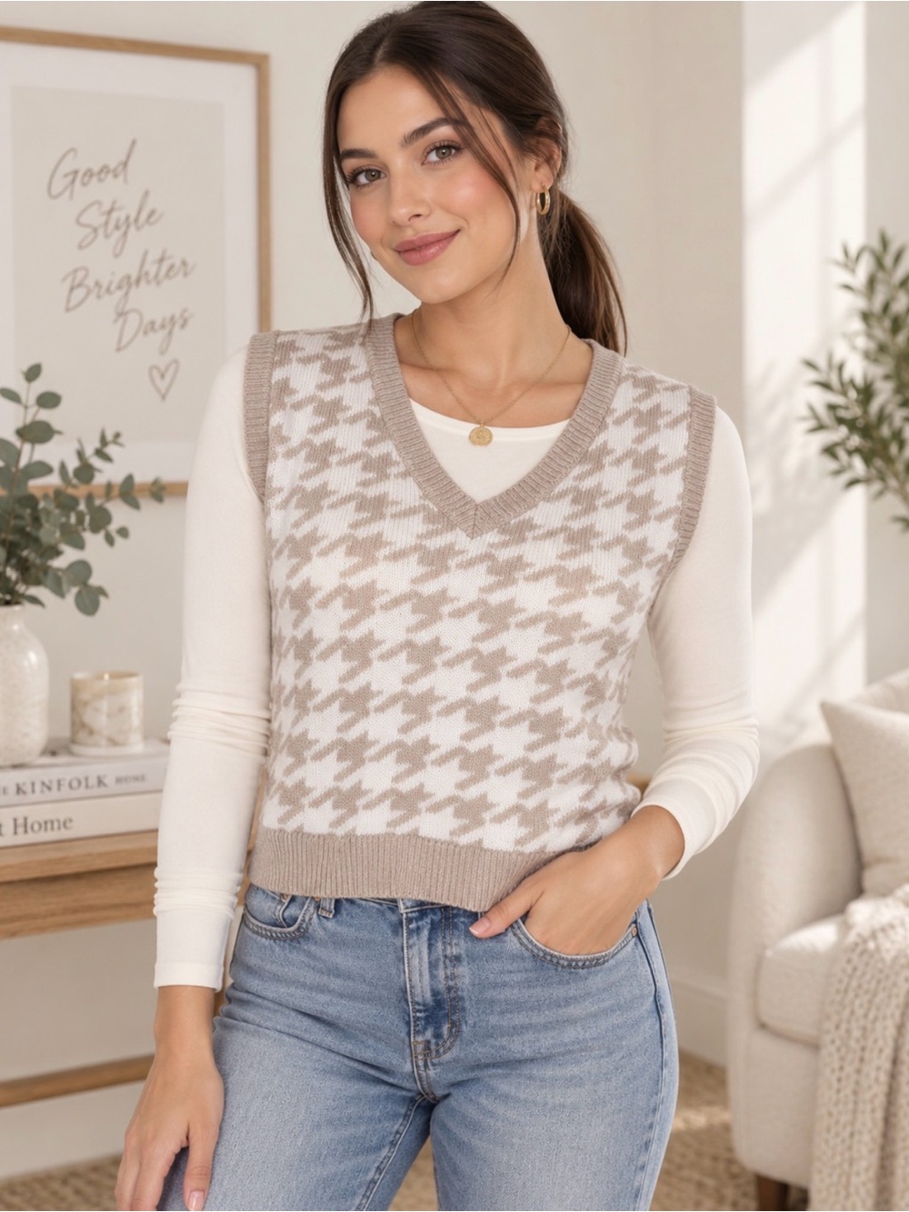 Jessica Simpson Cream Houndstooth Sweater Vest